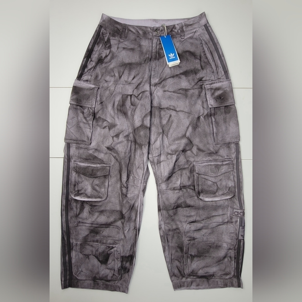 adidas Gray Tie-Dye Wide-Leg Cargo Pants with Side Stripes